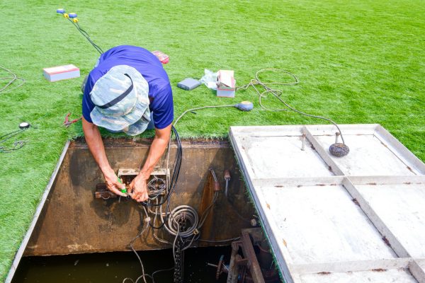 Technician is repairing electrical equipment of the wastewater treatment system inside of pond