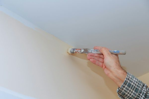 Worker painting brush and paint house with walls and ceilings